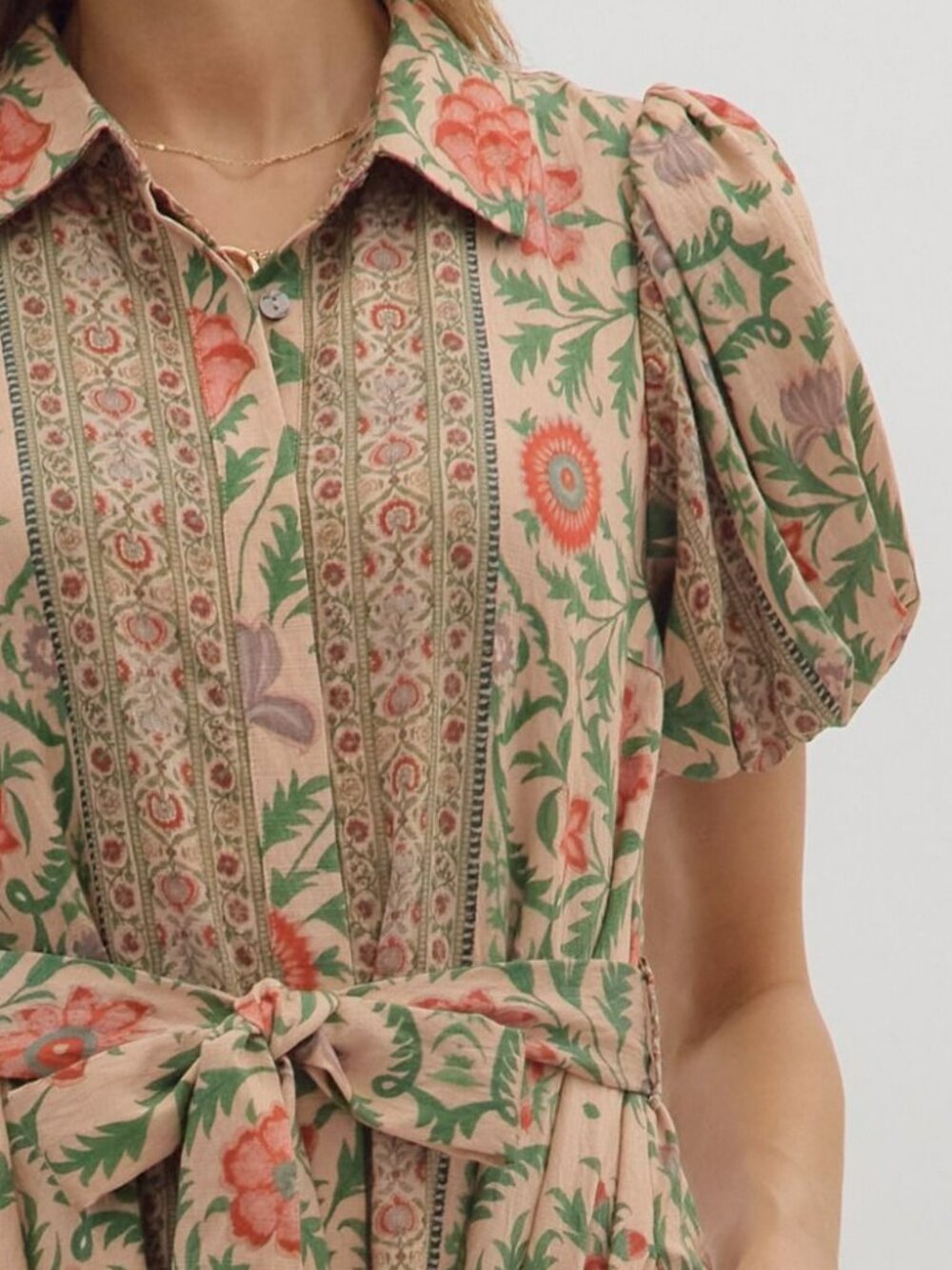 NWT Entro Botanical Print Puff Sleeve Midi Dress in Natural Multi - Picture 7 of 7